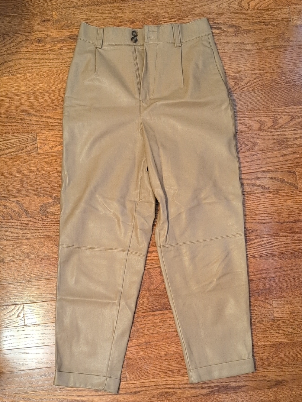 Zara Khaki Cropped Pleated Chino-Style Pleather Pants
